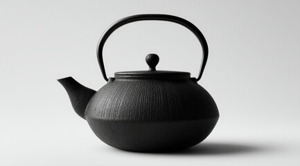 A black cast iron teapot with a rounded body, a curved handle, and a small, round lid knob sits on a plain white background.  Its surface shows subtle, textured lines