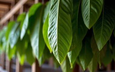 Hanging tobacco leaves in barn for natural drying, Traditional agriculture and quality control in tobacco production, Tobacco farming, Harvest leaf. High quality