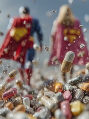 Superheroes in Capes Surrounded by Colorful Vitamins and Pills Falling from Above
