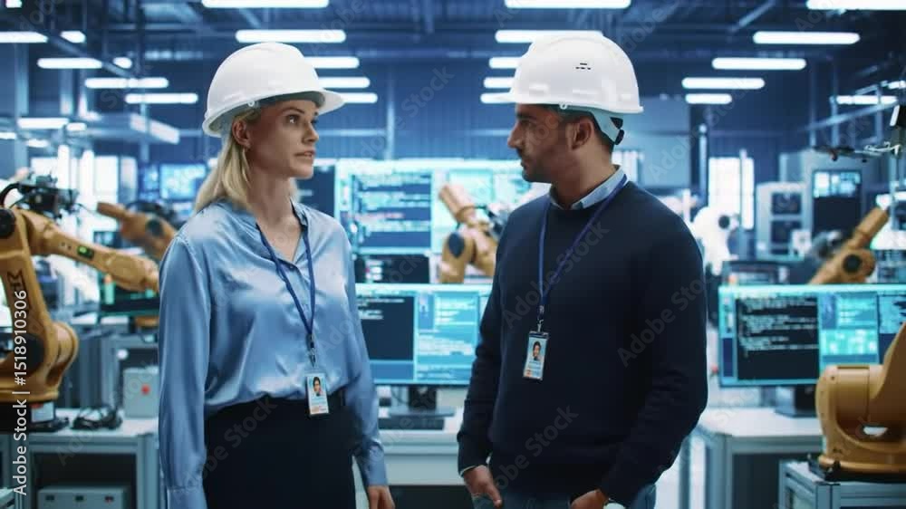 Poster man and woman in hard hats discussing automation process with robot arms and advanced technology in 