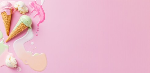 Melting Ice Cream Cones on Pink Background