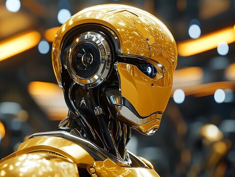 Futuristic golden robot portrait with advanced optical sensor in eye area