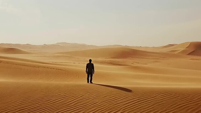 Solitary figure standing in vast desert landscape, golden sand dunes stretching towards horizon