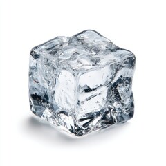 Obraz premium A single, clear ice cube rests on a white background, casting a subtle shadow. Its surface displays minor irregularities and trapped air bubbles
