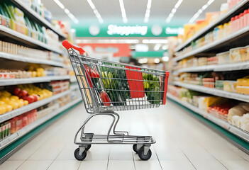 Shopping cart in blur supermarket background.