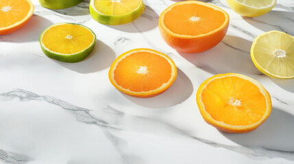 Vibrant Sliced Citrus Fruits Oranges, Lemons, Limes on Marble Background A Stunning Visual Experience