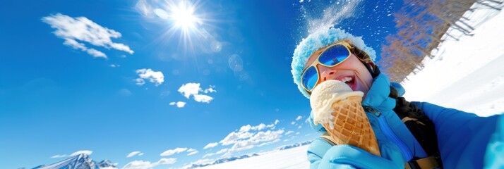 Winter Fun: Woman Enjoying Ice Cream on a Sunny Ski Slope