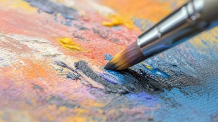 Fototapeta premium Close-up of Paintbrush on a Colorful Palette