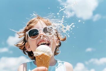 Summer Joy: Girl with Ice Cream and Water Splash