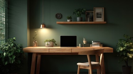 Minimalist wooden desk with warm glow, a serene workspace for focused productivity