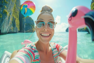 Tropical Vacation Selfie: Woman with Flamingo Float, Clear Water