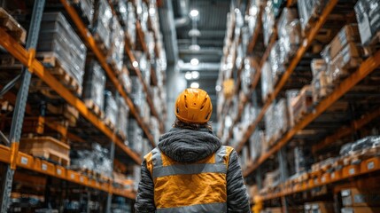 A worker in a modern warehouse aisle, focused and efficient in a dynamic logistics environment