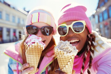 Two Friends Enjoying Ice Cream in Winter City