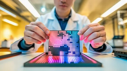 A researcher examines a flexible, luminous dot-matrix display panel, showcasing vibrant, colorful patterns in a modern laboratory setting - Powered by Adobe