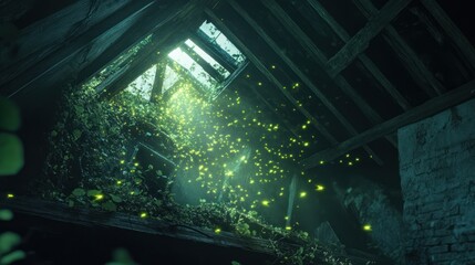 Obraz premium Ethereal Glow in Overgrown Abandoned Attic with fireflies and Light Beam