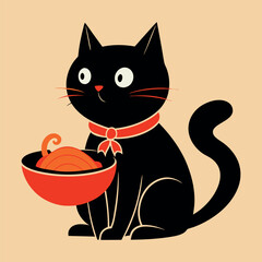 charming black cat with bowl of ramen