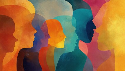 An abstract watercolor-style illustration depicting a diverse group of individuals in profile,