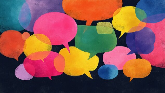 A vibrant array of multicolored speech bubbles, rendered in a watercolor style, floats against a dark background, suggesting a lively conversation or exchange of ideas
