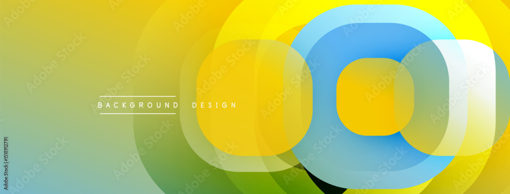 Poster Abstract colorful circles overlap creating dynamic visual effect. Gradient transitions blend yellow, green, blue hues. Modern design element.