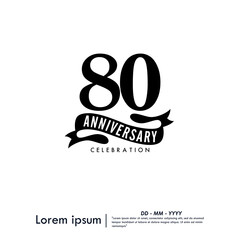 Obraz premium 80th years anniversary celebration emblem. congratulations anniversary logo isolated with ribbon on white background. vector illustration template design for web, flyers, poster, greeting card 