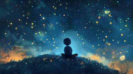 Young child sits on hill watching starry sky at night. Boy looking stars, galaxy. Astrology, astronomy, cosmic exploration, universe observation, science, wonder, space, dream, .