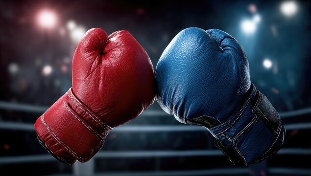 A close-up shot of two boxing gloves, red and blue, facing each other in a boxing ring, with blurred background lights suggesting a boxing match