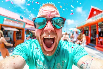Ecstatic Celebration: Man Embracing Confetti Shower