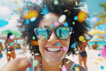 Beach Celebration: Woman Enjoying Confetti Shower on Tropical Vacation