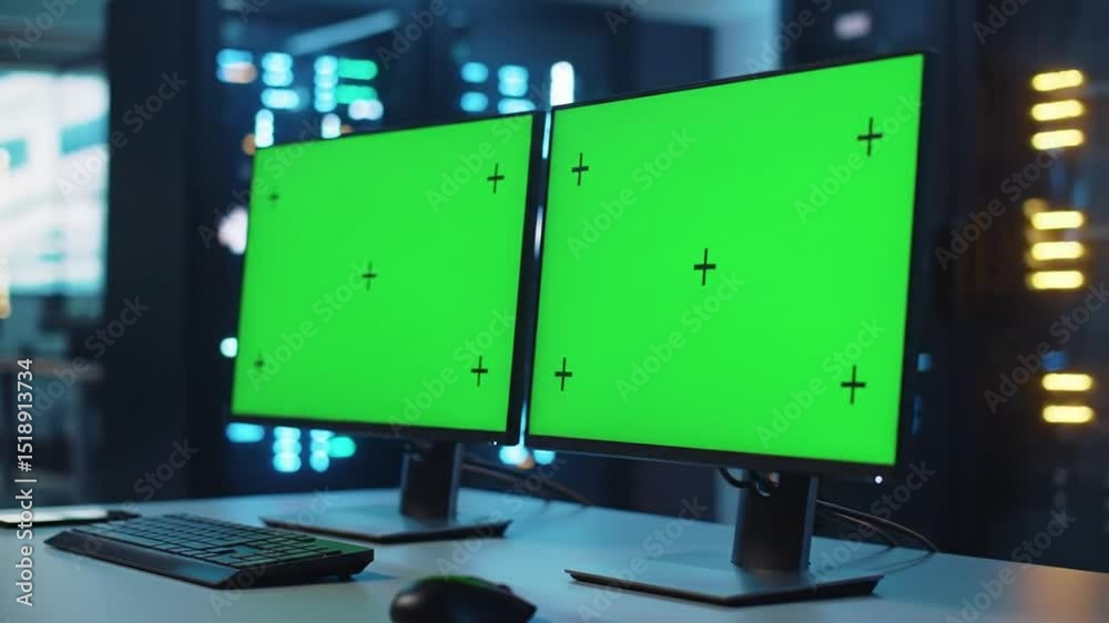 Poster two green screen monitors on a white table with keyboard mouse and server racks in background in dat
