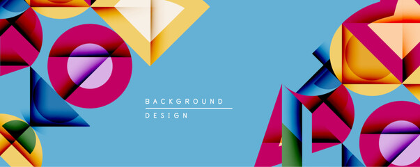 Abstract geometric shapes overlap, creating vibrant composition. Blue background highlights magenta, yellow, dark blue elements. Modern design suggests depth, dynamism.