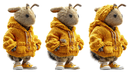 Cute anthropomorphic creature wearing a cozy yellow hoodie with playful expression