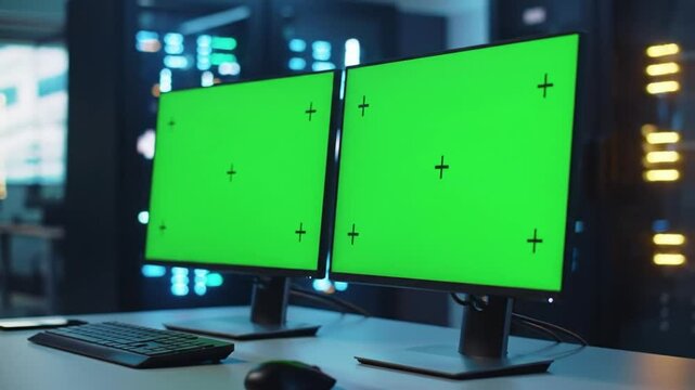 Two Green Screen Monitors on a White Table with Keyboard Mouse and Server Racks in Background in Data Center Room