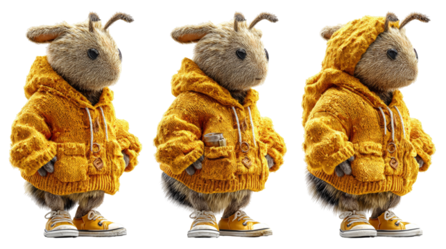 Cute anthropomorphic creature wearing a cozy yellow hoodie with playful expression