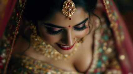 A close-up portrait of a traditional Indian bride looking down and smiling softly. She wears ornate gold jewelry, including a heavy choker necklace and maang tikka forehead ornament. - Powered by Adobe