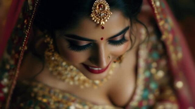 A close-up portrait of a traditional Indian bride looking down and smiling softly. She wears ornate gold jewelry, including a heavy choker necklace and maang tikka forehead ornament.