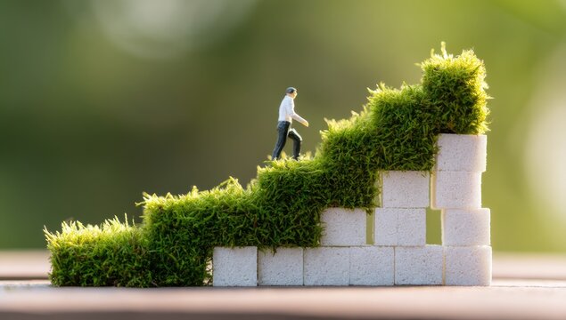 Miniature figure ascends stairs made of sugar cubes covered in moss, symbolizing growth and overcoming obstacles, set against a blurred natural backdrop