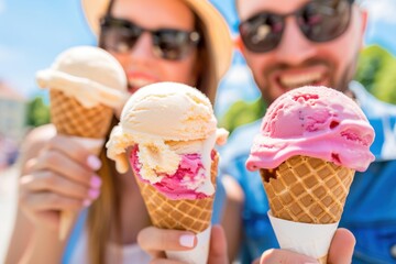 Summer Treats: Couple Enjoying Ice Cream Cones in the Sun