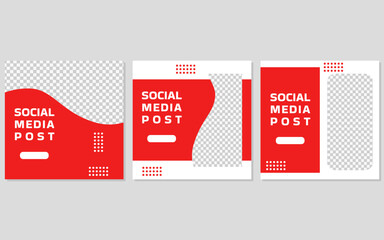 Three red and white social media post templates with checkered backgrounds.