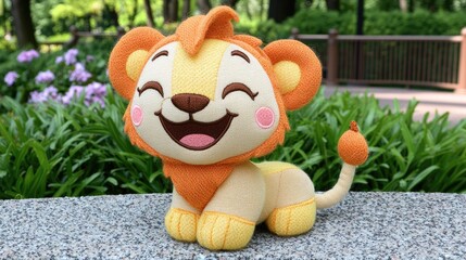 Smiling Lion Plush Toy Sitting Outdoors on Stone Wall