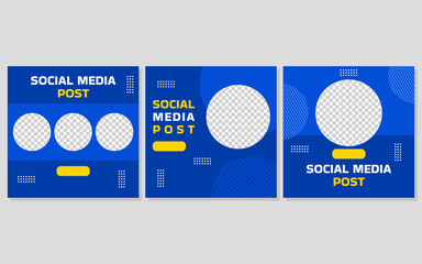 Three blue social media post templates with yellow accents.