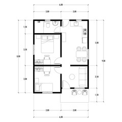Black and White floor plan of a modern unfurnished house for your design. Suburban house vector blueprint. Architectural background.	
