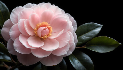 Delicate Pink Camellia Flower Close-up with Dark Leaves