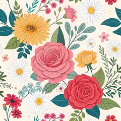 &ldquo;Vintage seamless pattern of pink roses and green leaves on a light background.&rdquo;