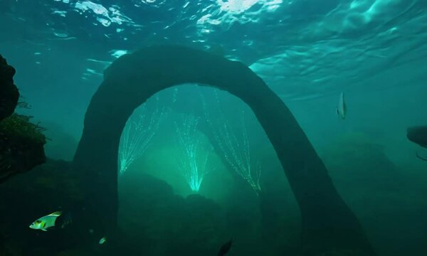 An eerie underwater forest of glowing anemones and lantern-like creatures swaying with the current