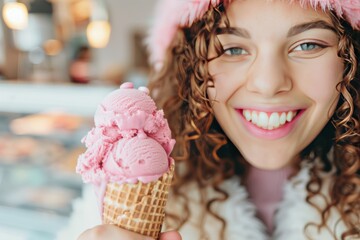 Joyful Woman with Ice Cream Cone