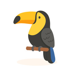Naklejka premium Colorful cartoon toucan bird with giant yellow beak sitting on branch, toucan perfect for tropical wildlife content, zoo designs, or children s educational visuals.