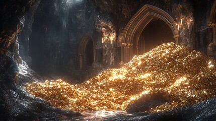 Treasure trove glittering amidst ancient arches inside a cavernous subterranean vault