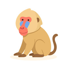 Cute cartoon baboon sitting calmly, colorful face details and neutral pose, baboon great for jungle animal collections, educational books, or wildlife design concepts.