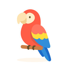 Bright cartoon parrot perched on branch, red and blue macaw with colorful feathers, parrot ideal for jungle themes, zoo materials, or tropical wildlife education content.