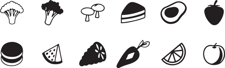 Fototapeta premium Fast Food and Snack Icon Collection: Monochrome Graphics for Restaurant, Cafe, and Takeaway Business Projects.